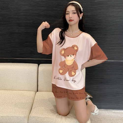 Load image into Gallery viewer, Women&#39;s Silk like Pajamas Cute Short Sleeve Shorts Two Piece Set Round Neck Summer Outwear Casual Home Clothing
