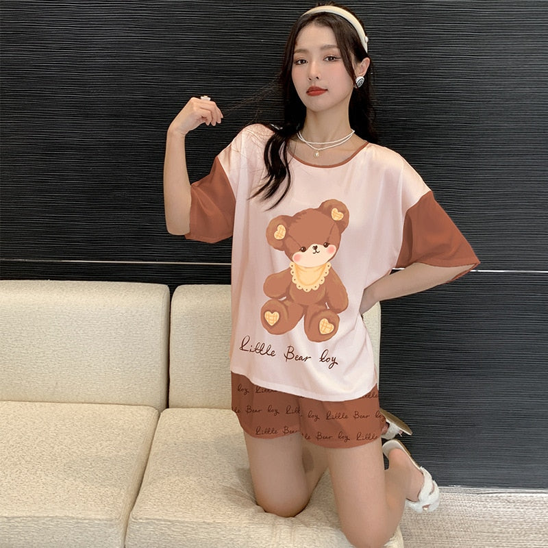 Women's Silk like Pajamas Cute Short Sleeve Shorts Two Piece Set Round Neck Summer Outwear Casual Home Clothing