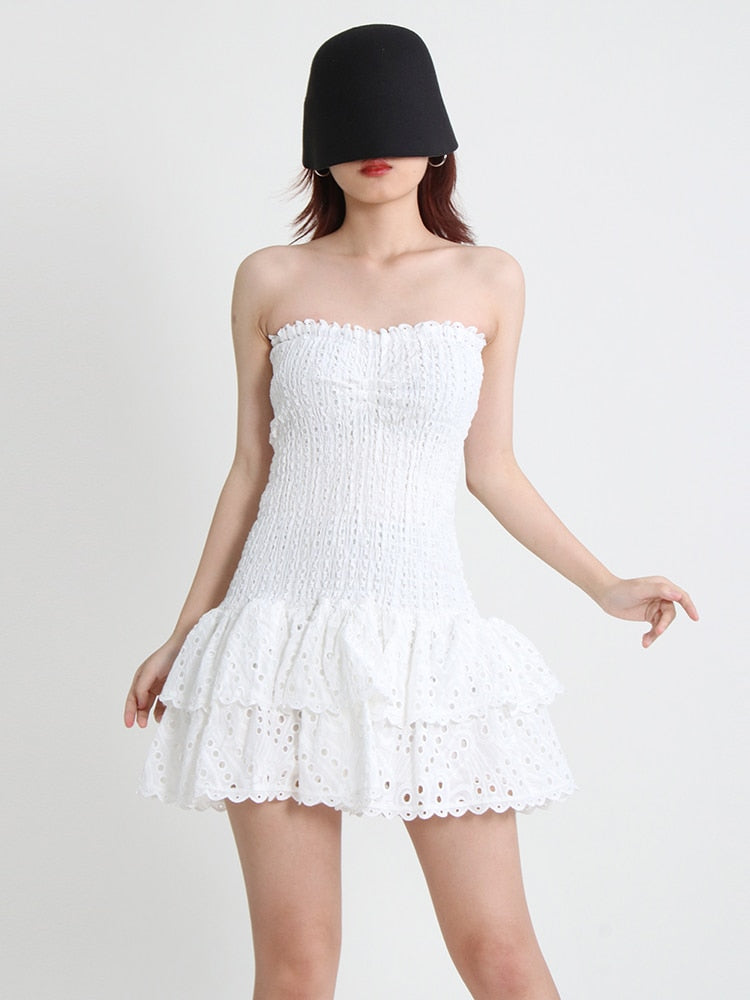 Embroidery Cut Out Mini Dress For Women Strapless Off Shoulder High Waist Sexy Summer Dresses Female Clothing