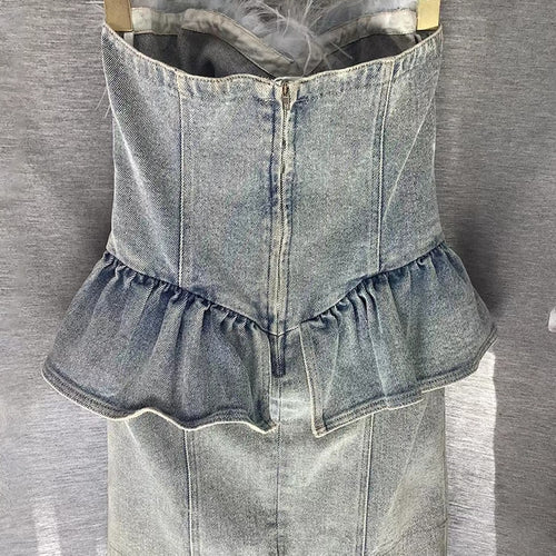 Load image into Gallery viewer, Patchwork Feathers Denim Dresses For Women Strapless Sleeveless High Waist Mini Folds Dress Female Fashion Clothes
