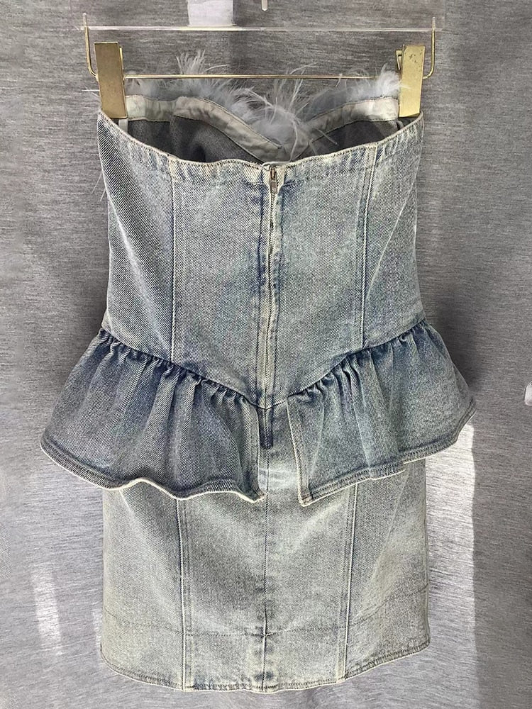 Patchwork Feathers Denim Dresses For Women Strapless Sleeveless High Waist Mini Folds Dress Female Fashion Clothes