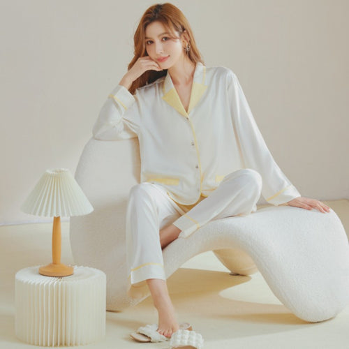 Load image into Gallery viewer, Spring Women&#39;s Imitation Silk Long-sleeved Cardigan Lapel Suit Casual Pajamas Home Clothes Solid Color Two-piece Sets
