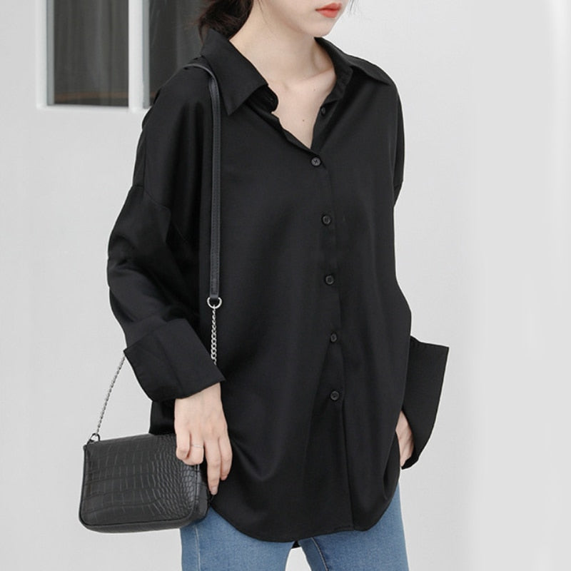 Women Shirts Fashion Korean Button Up Long Sleeve Spring Loose Elegant Ladies Blouse Black Solid Fall Tops