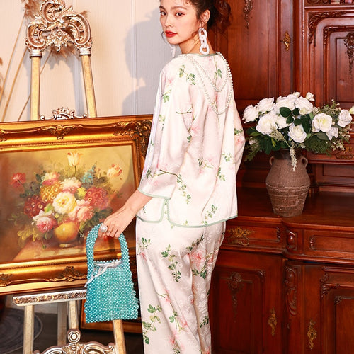 Load image into Gallery viewer, Spring Autumn Women&#39;s Simulated Silk Pajamas Chinese Style Flower Print Home Suit Long Sleeve Pants Two Piece Set
