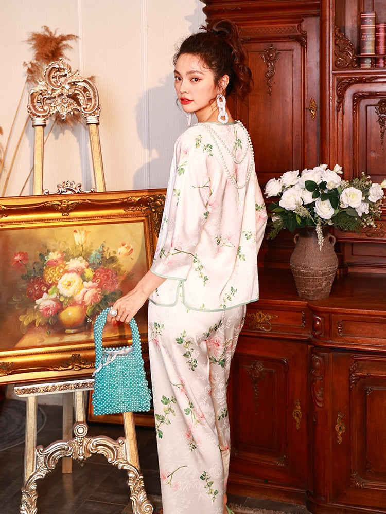 Spring Autumn Women's Simulated Silk Pajamas Chinese Style Flower Print Home Suit Long Sleeve Pants Two Piece Set