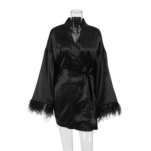 Load image into Gallery viewer, Feather Bathrobes Satin Sexy Mini Dress Long Sleeve Loose Peignoirs For Women Robe White Wedding Dress Black Bride Dress
