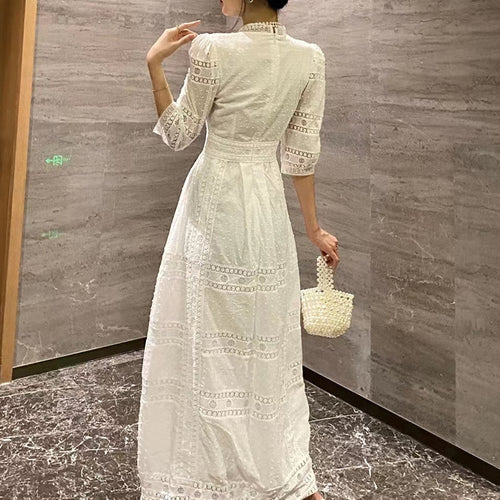 Load image into Gallery viewer, Solid Minimalist Lace Dresses For Women Stand Collar Puff Sleeve High Waist Cut Out A Line Dress Female Fashion
