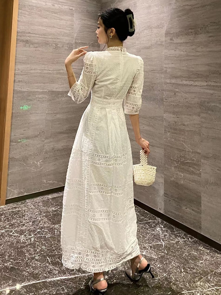 Solid Minimalist Lace Dresses For Women Stand Collar Puff Sleeve High Waist Cut Out A Line Dress Female Fashion