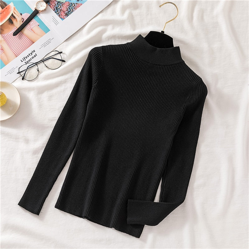 Autumn Women Pullover Sweater Half Turtleneck Long Sleeve Knitted Jumper Winter Elastic Solid Basic Ladies Blouse