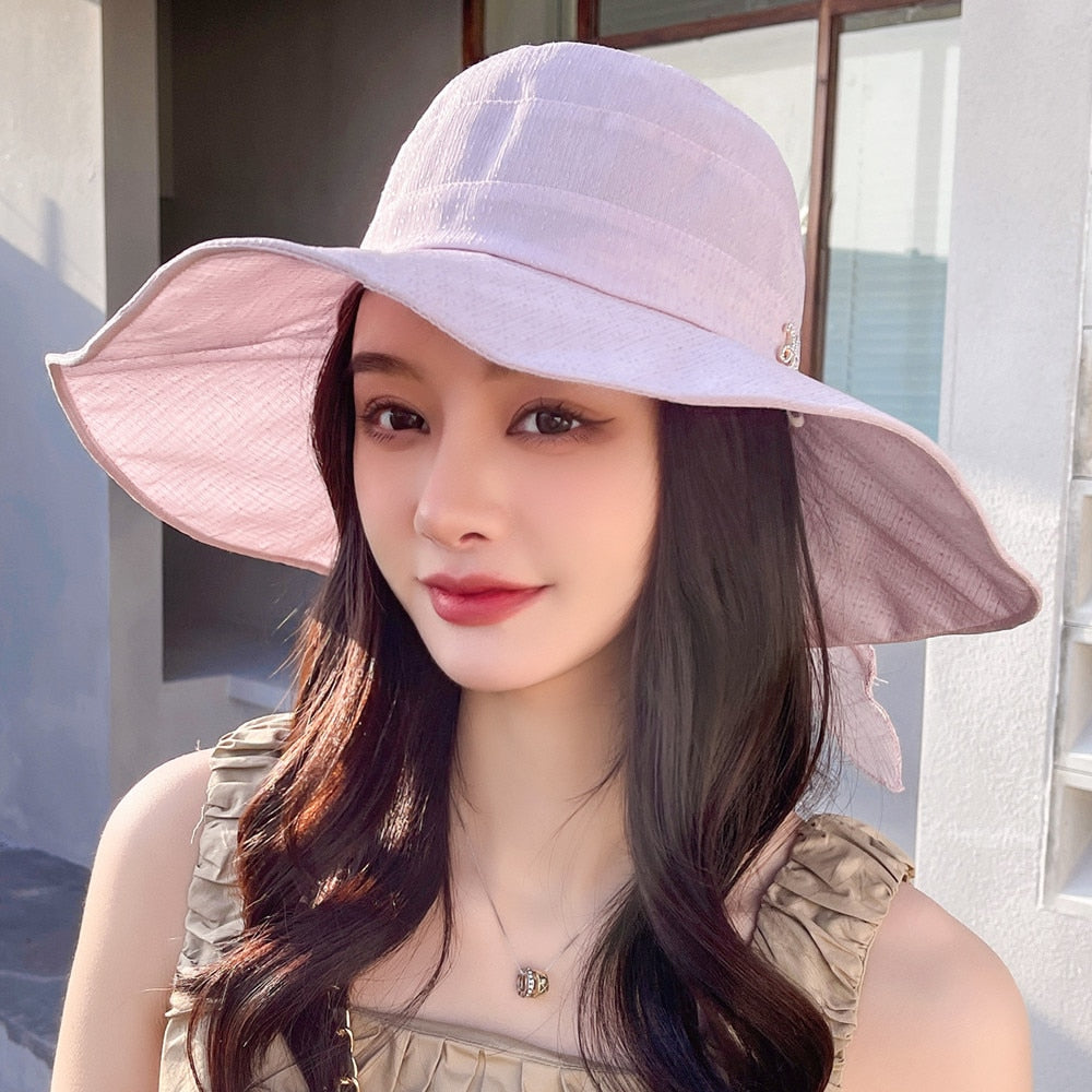 Women Summer Sun Hats Plain Color Fashion Bow Design Sun Hat Female Outdoor Sun Protection Travel Beach Hat