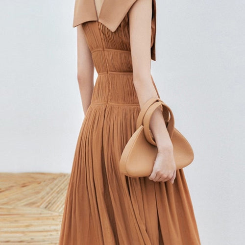 Load image into Gallery viewer, Minimalist Solid Dresses For Women V Neck Sleeveless High Waist Patchwork Folds Slim Dress Female Fashion Clothing
