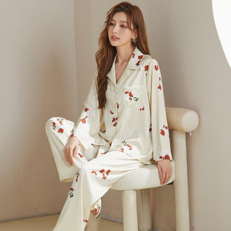 Women's Pajamas Spring Summer Ice Silk Long-sleeved Pants Two Piece Home Clothes V-neck Printing Cartoon Casual Suit