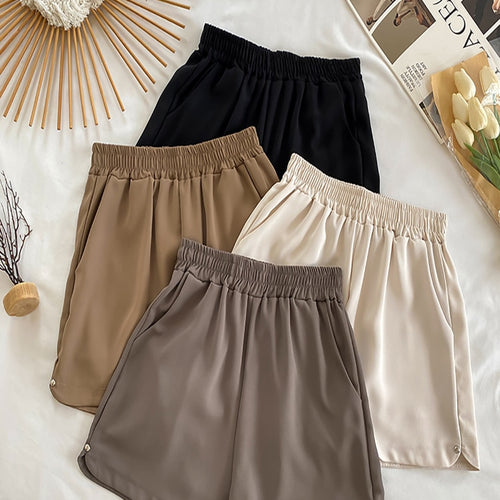 Load image into Gallery viewer, Korean Style Women Shorts Fashion Elastic High Waist Summer All Match Wide Leg Shorts Casual Solid Color Black Thin Shorts
