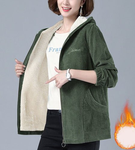 Warm Women Corduroy Coat Winter Thick Vintage Large Size Pocket Zipper Female Jacket Hooded Loose Long Sleeve Lady Clothes