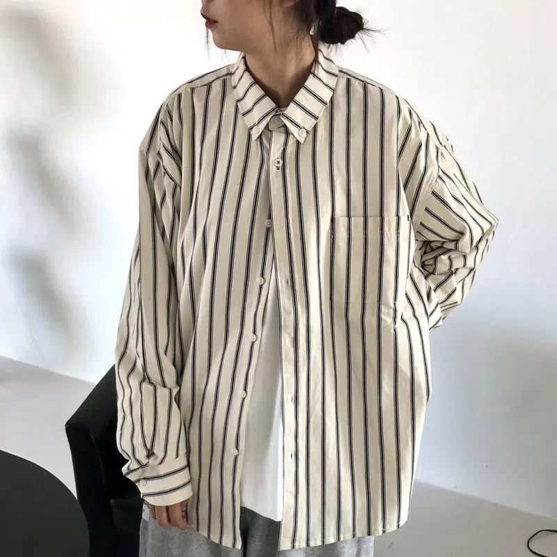 Fashion Striped Women Shirts Oversize Loose Long Sleeve Shirts Spring Elegant Single Breasted Office Ladies Korean Top