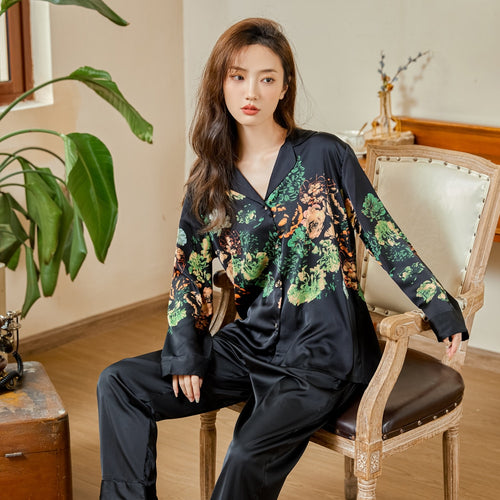 Load image into Gallery viewer, High Quality Luxury Women&#39;s Pajamas Flower Print Silk Like Sleepwear Two Piece Set Casual Breathable Leisure Homewear
