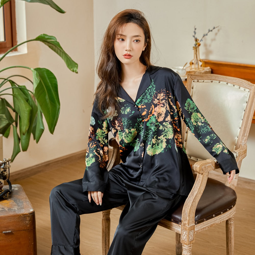 High Quality Luxury Women's Pajamas Flower Print Silk Like Sleepwear Two Piece Set Casual Breathable Leisure Homewear