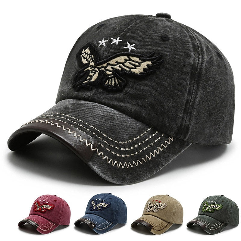Cool Women Men Cotton Washed Baseball Cap Casual Male Female Vintag Snapback Hat Adjustable 3D Eagle Embroidery Sun Hat
