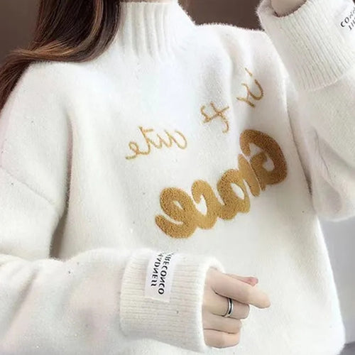 Load image into Gallery viewer, Women Half Turtleneck Sweater Autumn Fashion Letter Loose Pullover Knit Jumper Long Sleeve Letter Top Casual Warm Blouse
