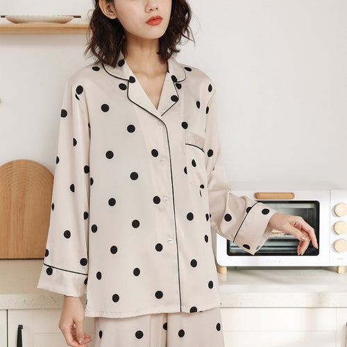 Load image into Gallery viewer, Satin Polka Dot Pajamas Women&#39;s Spring Autumn Thin Long Sleeved Pants Two-piece Set Fashion Casual Home Clothing
