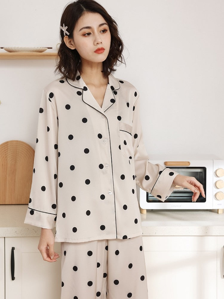 Satin Polka Dot Pajamas Women's Spring Autumn Thin Long Sleeved Pants Two-piece Set Fashion Casual Home Clothing