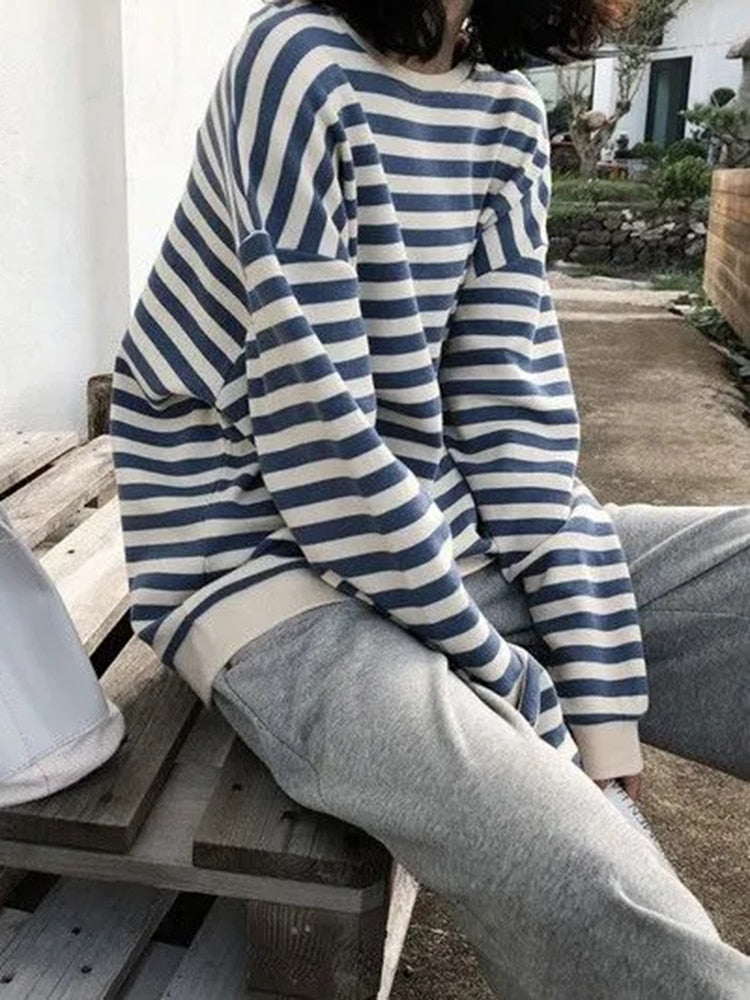 Fashion Striped Women Sweatshirt Harajuku Casual O Neck Cotton Tops Spring Long Sleeve Blue Oversized Female Hoodies