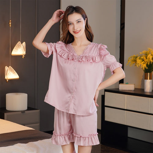 Load image into Gallery viewer, Chiffon Pajamas Women&#39;s Summer Home Casual Suit Thin Short Sleeve Shorts Two Piece Set Comfortable Ruffled Homewear
