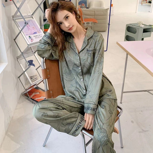 Load image into Gallery viewer, Elegant Imitation Silk Pajamas Women&#39;s Spring Autumn Long Sleeved Printing Two Piece Set Oversized Home Clothing
