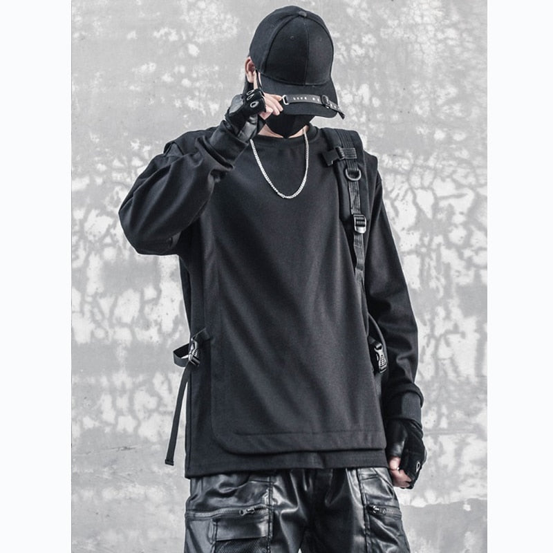 Hip Hop Sweatshirt Men Ribbon Patchwork Fake Two Pieces Sweat Shirt Fashion Harajuku Pullover Black Streetwear Men Clothes