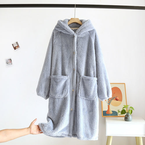 Load image into Gallery viewer, Women&#39;s Pajamas Robe Warm Thick Flannel Solid Sleepwear Casual Homewear Cute Hoodie Top Nightwear Femme New for Winter
