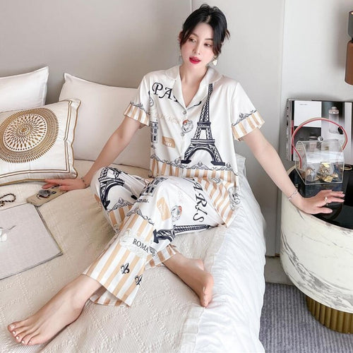 Load image into Gallery viewer, Women&#39;s Imitation Silk Pajamas Short Sleeve Pants Two-piece Set Spring Summer Fashion Thin Cardigan Large Home Suit
