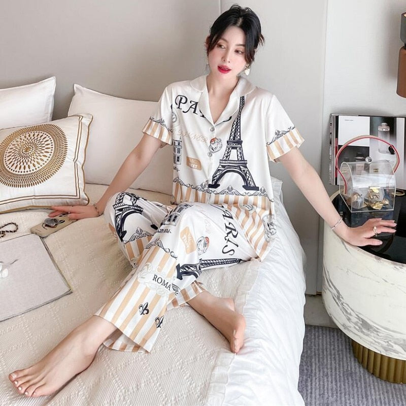 Women's Imitation Silk Pajamas Short Sleeve Pants Two-piece Set Spring Summer Fashion Thin Cardigan Large Home Suit