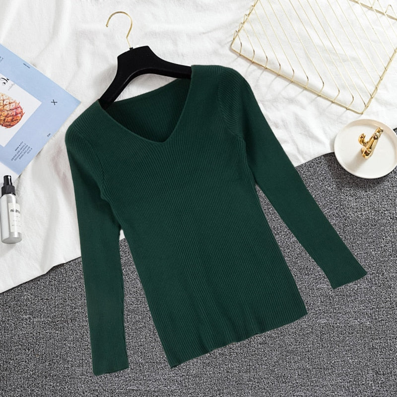 Sexy V Neck Women Pullover Sweater Fashion Autumn Winter Long Sleeve Knitted Jumper Top Casual Korean Slim Basic Blouse