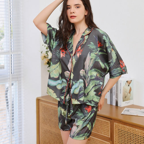 Load image into Gallery viewer, Summer Women&#39;s Pajamas Set Tripical Plants Print Loose Top Sleepwear Short Casual Silk Like Homewear 2pcs Nightie Femme
