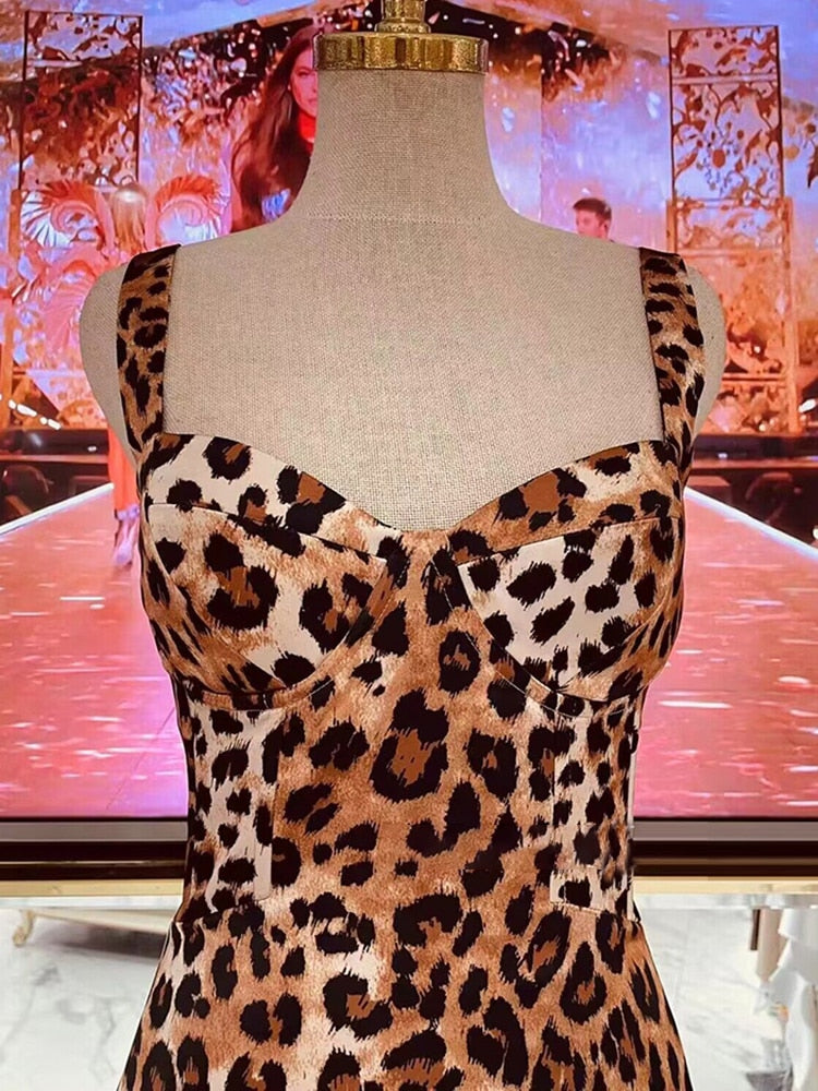 Backless Leopard Dresses For Women Square Collar Sleeveless High Waist Sexy Split Dress Female Fashion Clothing