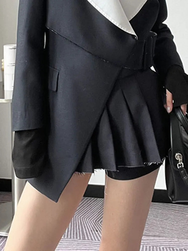 Hit Color Spring Blazers For Women Notched Collar Long Sleeve Splcied Belt Asymmetrica Blazer Female Fashion