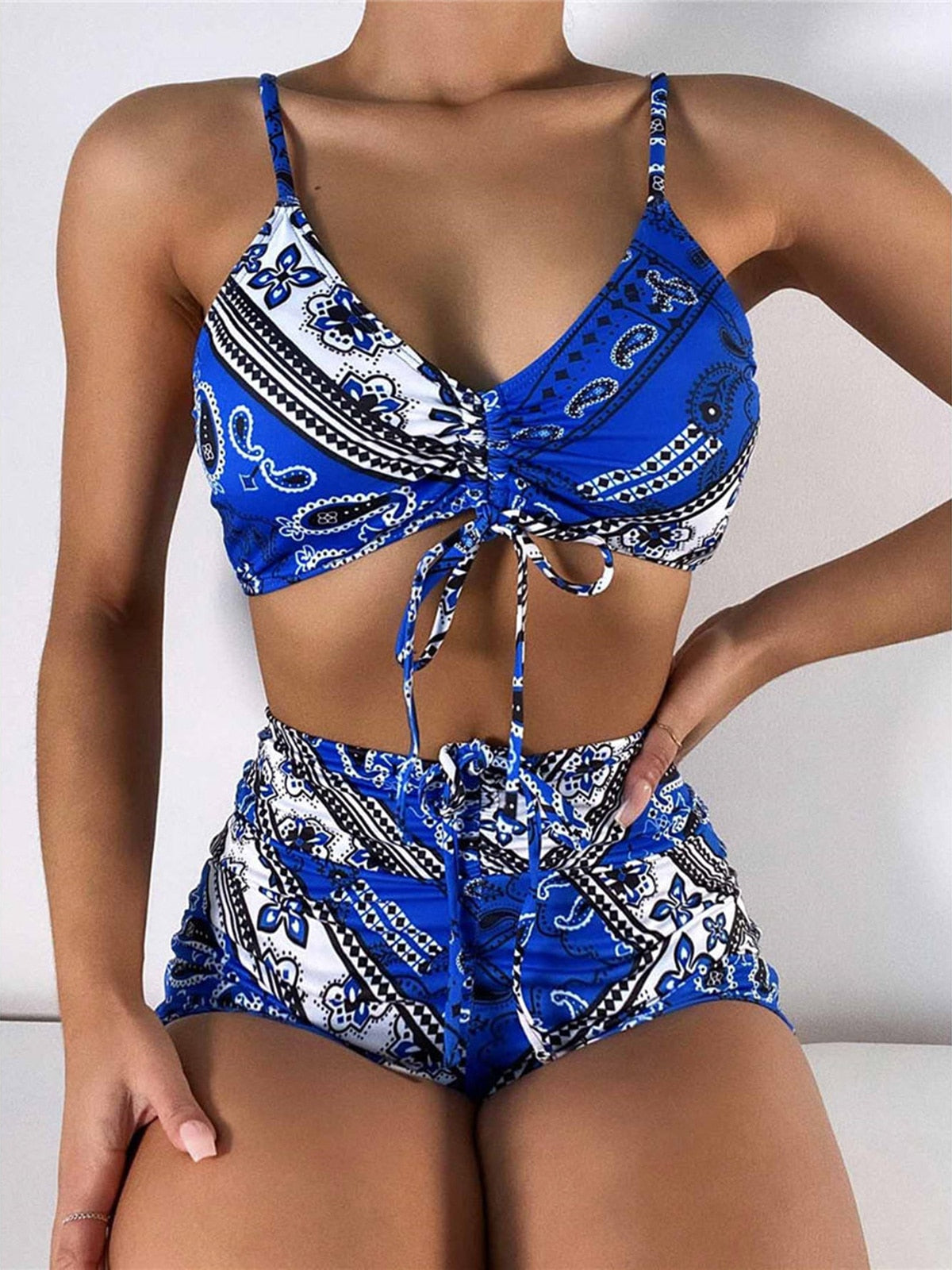 Sexy Lace Up High Waist Bikini Female Swimsuit Women Swimwear Two-pieces Bikini set Bather Bathing Suit Swim Sportwear V2723R