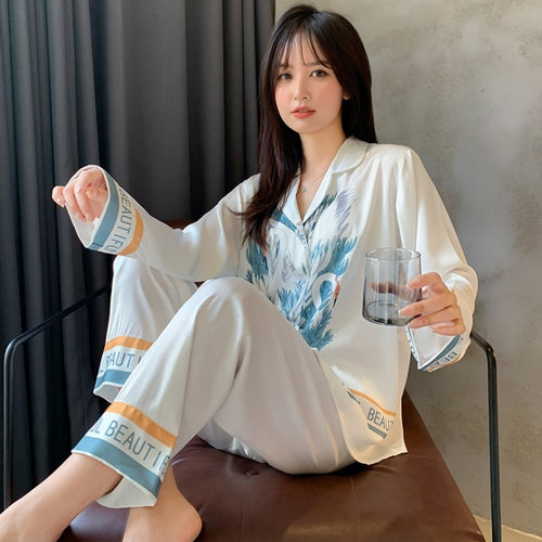 Load image into Gallery viewer, Imitation Silk Pajamas Women&#39;s Spring Autumn Thin Satin Long Sleeve Pants Fashion Printing Comfortable Nightwear Set
