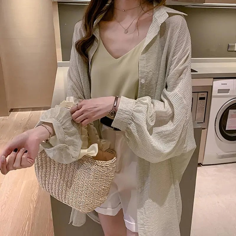 Thin Summer Women Long Shirts Long Sleeve Loose Korean  Oversize Sun Protection Shirt Fashion Button Casual Female Tops