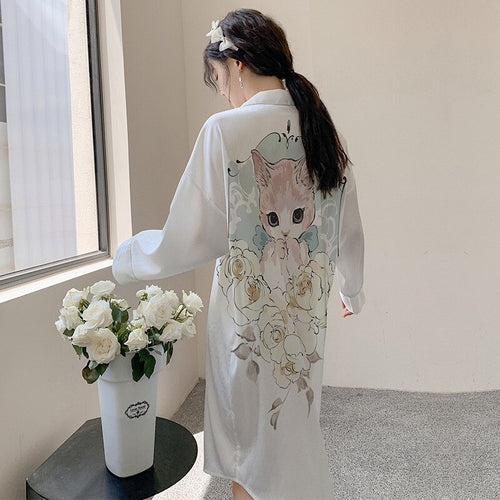 Load image into Gallery viewer, Women&#39;s Summer Pajamas Medium Length Skirt Nightwear Sweet Girl Cartoon Cardigan Homewear Lapel Loose Cool Sleepwear
