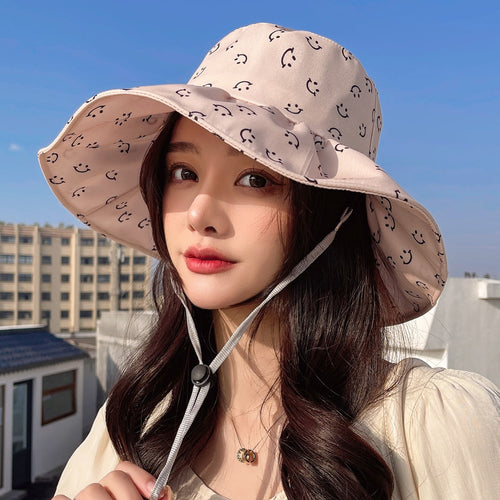 Load image into Gallery viewer, Women&#39;s Summer Hat Fashion Smiley Face Pattern Print Cap Bow Design Sun Hat Travel Beach Bucket Hat
