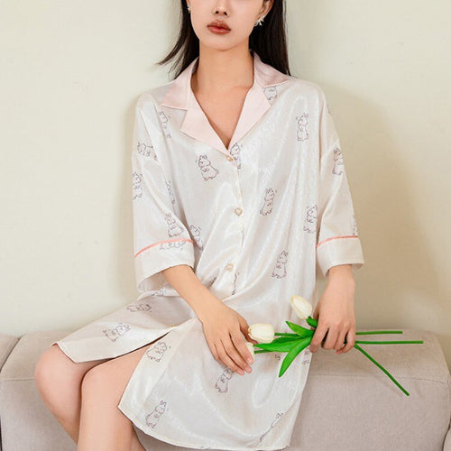 Load image into Gallery viewer, Summer Simulated Silk Sleeping Dress Women&#39;s Loose Fashion Cute Rabbit Printing Cardigan Pajamas Sweet Home Clothing
