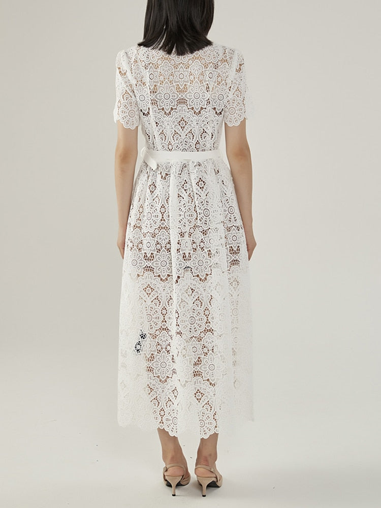 Elegant Lace Panel Cut Out Dress For Women Lapel Short Sleeve High Waist Irregular Midi Dresses Female Summer Style