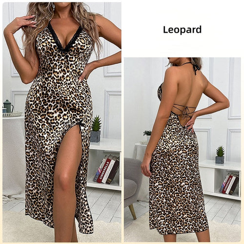 Load image into Gallery viewer, Women&#39;s Pajamas Sexy Deep V Leopard Slit Sleepdress Faux Silk Leisure Lace Sling Long Dress Homewear Nightwear Femme
