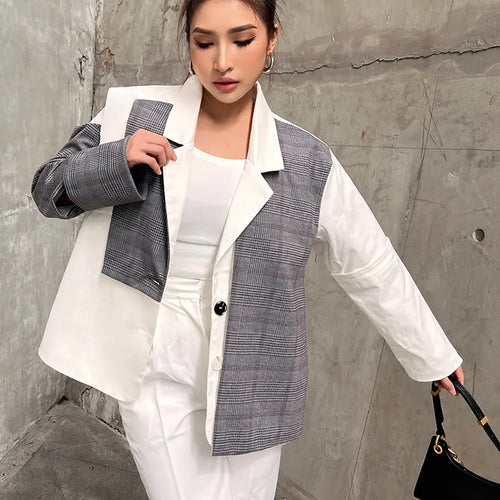 Load image into Gallery viewer, Streetwear Patchwork Plaid Blazer For Women Notched Collar Long Sleeve Colorblock Blazers Female Autumn Clothes
