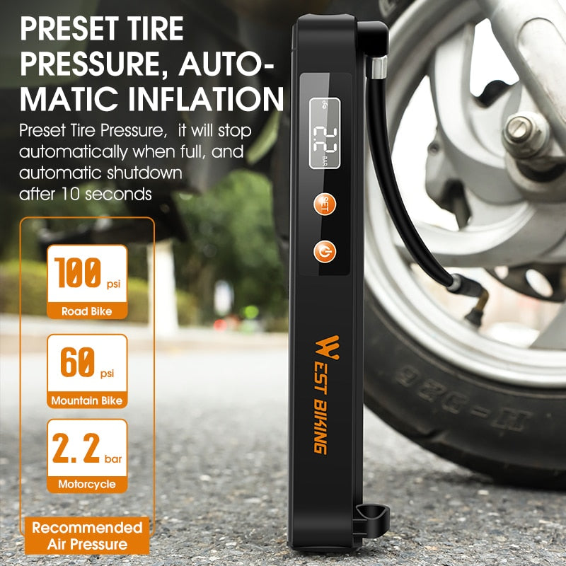 Electric Bicycle Pump 7.4V 1500mAh 130 PSI Tire Inflator With Pressure Gauge Rechargeable Bike Motorcycle Ball Pump