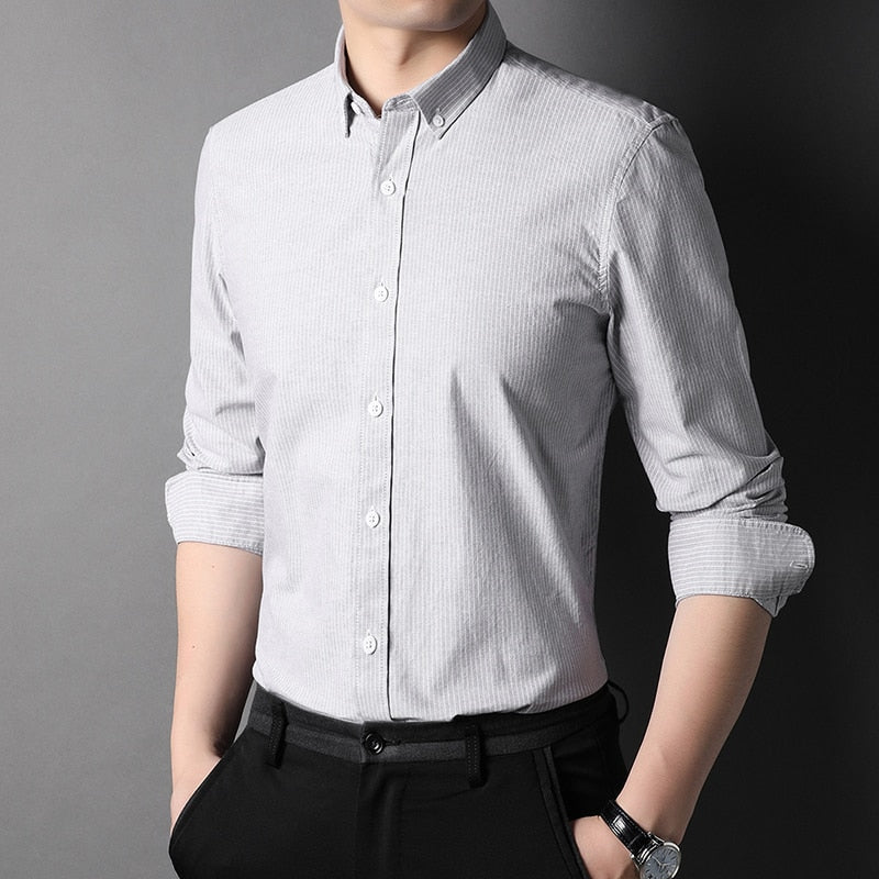 Top Grade 100% Cotton Fashion Brand Designer Slim Fit Button Down Mens Shirts Pinstripe Casual Long Sleeve Men Clothing