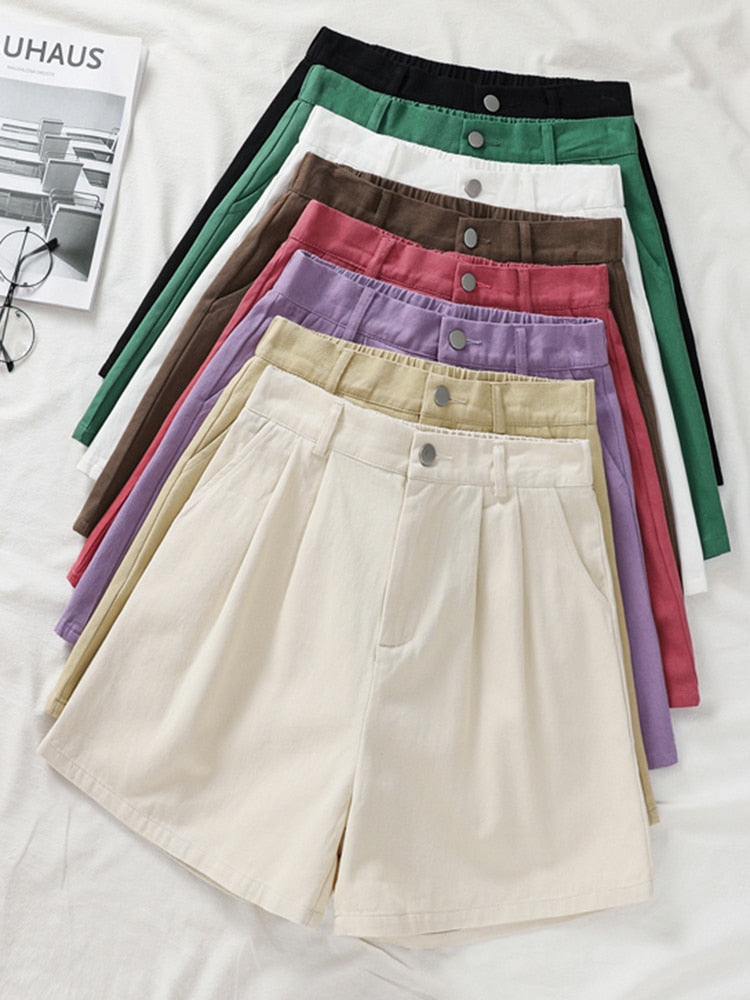 Pure Cotton Women Shorts Casual Elastic High Waist Wide Leg Shorts Korean Style Fashion Summer Ladies Loose Shorts