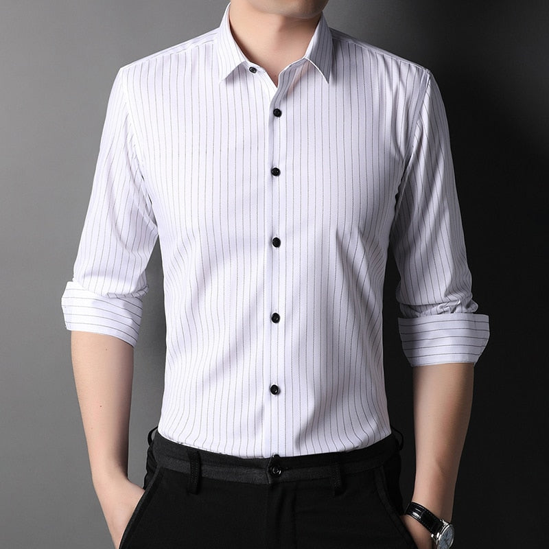 Top Grade New Fashion Brand Designer Slim Fit Vertical Stripes With Cufflinks Mens Shirts Casual Long Sleeve Men Clothing