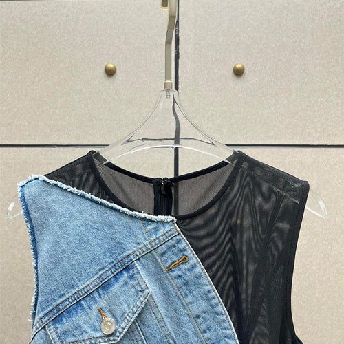 Load image into Gallery viewer, Colorblock Patchwork Denim Designer Dresses For Women Round Neck Sleeveless High Waist Spliced Pockets Dress Female
